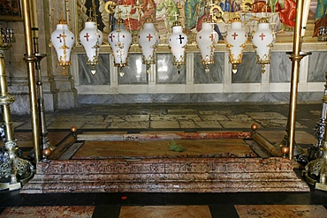 The stone of the Anointing, Church of the Holy Sepulchre, Old City, Jerusalem, Israel, Middle East