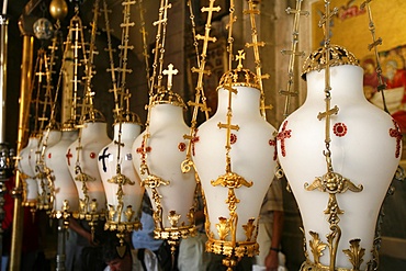 Lamps over the Stone of the Anointing, Church of the Holy Sepulchre, Jerusalem, Israel, Middle East