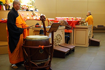 Drum and bell, Buddhist ceremony, Fo Guang Shan temple, Geneva, Switzerland, Europe