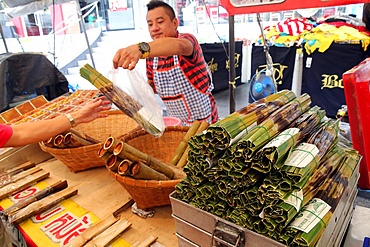 Sticky rice cooked in bamboo, Bangkok Food Market, Bangkok, Thailand, Southeast Asia, Asia