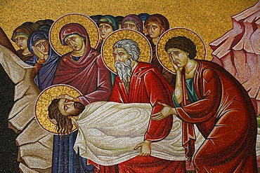 Mosaic of Christ's death at the Church of the Holy Sepulchre, Jerusalem, Israel, Middle East