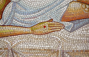 Detail of hand in mosaic of Christ's death at the Church of the Holy Sepulchre, Jerusalem, Israel, Middle East