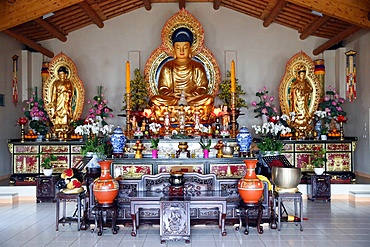 Main altar in Buddhist temple, Thien Minh Pagoda, Sainte-Foy-les-Lyon, Rhone area, France, Europe