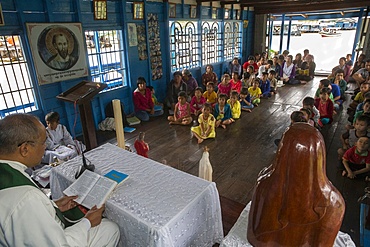 Catholic Mass in Chong Khnies floating church on the Tonle Sap Lake, Siem Reap, Cambodia, Indochina, Southeast Asia, Asia