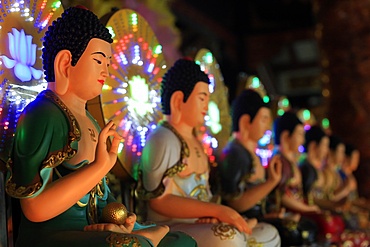 Altar with statues of the Buddha with Vitarka mudra, Chua Vinh Nghiem Buddhist Pagoda, Ho Chi Minh City, Vietnam, Indochina, Southeast Asia, Asia