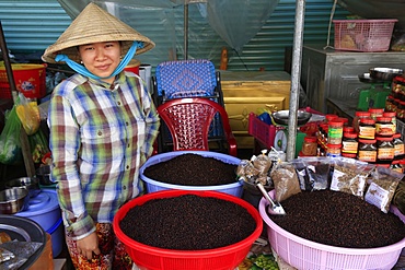 Woman selling black peppercorns, morning market in Duong Dong town, Phu Quoc, Vietnam, Indochina, Southeast Asia, Asia