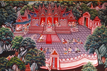 Narada Jataka, one of the Buddha's former lives depicted in fresco at Wat Ampharam, Hua Hin, Thailand, Southeast Asia, Asia