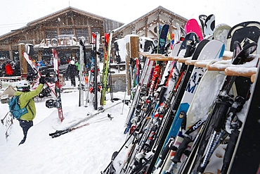 Skis and snowboards,Saint-Gervais, Haute-Savoie, French Alps, France, Europe