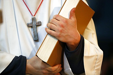 Altar boy with lectionary, Saint-Jacques church, Sallanches, Haute-Savoie, France, Europe