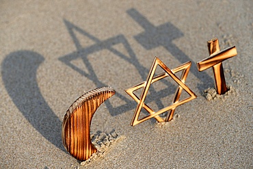 Interreligious symbols of the three monotheistic religions, Jewish Star, Cross and Crescent, for Judaism, Christianity and Islam, Vietnam, Indochina, Southeast Asia, Asia