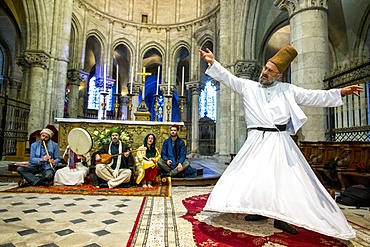 Sufi music band and Whirling Dervish at Sufi Muslim wedding in St. Nicolas's Catholic church, Blois, Loir-et-Cher, France, Europe