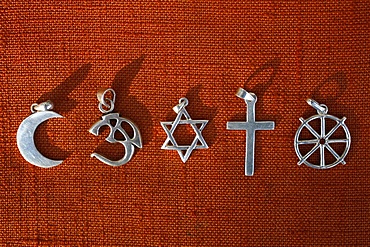 Symbols of five religions, Islam, Hinduism, Judaism, Christianity, Buddhism, France, Europe