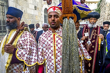 Good Friday Coptic Ethiopian Christian procession on the Via Dolorosa, Jerusalem, Israel, Middle East