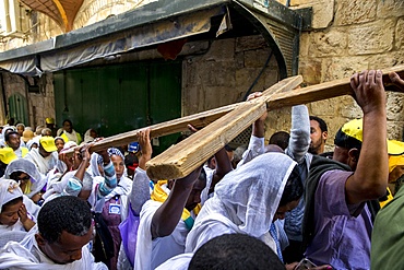 Good Friday Coptic Ethiopian Christian procession on the Via Dolorosa, Jerusalem, Israel, Middle East