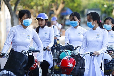 Students dressed in Ao Dai on the way to school, Cai Be, Vietnam, Indochina, Southeast Asia, Asia