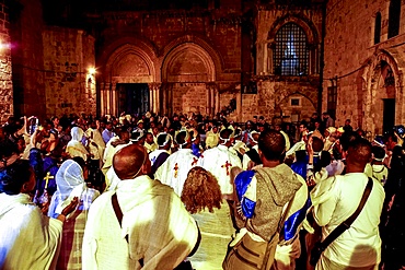 Ethiopian Orthodox Christians celebrating Easter, vigil outside the Church of the Holy Sepulchre, Jerusalem, Israel, Middle East