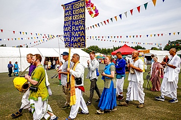 Devotees performing a Harinam during Janmashtami Hindu festival at Bhaktivedanta Manor, Watford, England, United Kingdom, Europe