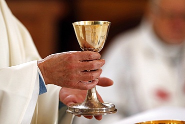 Roman Catholic Mass, Eucharist celebration, Saint-Nicolas de Veroce Church, Haute-Savoie, France, Europe