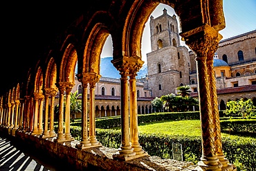 Santa Maria Nuova Cathedral cloister and South Tower, Monreale, Sicily, Italy, Europe