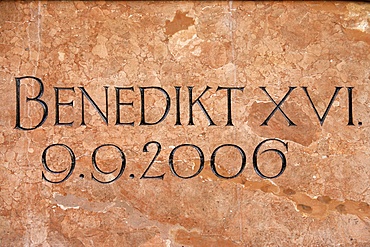 Slab commemorating Pope Benedict XVI's visit to Marienplatz, Munich, Bavaria, Germany, Europe