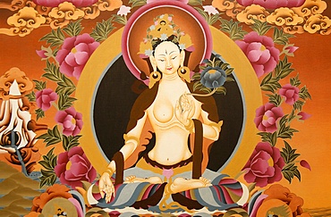 Thangka depicting White Tara goddess, Buddhist symbol of long life, Bhaktapur, Nepal, Asia