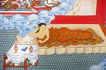 Thangka painting of Buddha's mother dreaming of a white elephant, Bhaktapur, Nepal, Asia