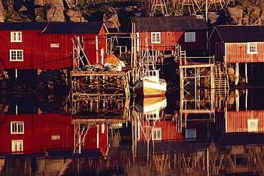 Rorbuer (cabins) at Kremmervika, Ballstad, Lofoten, taken at 4 o'clock in the morning, Norway, Scandinavia, Europe