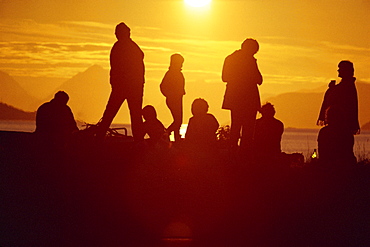 Group of people silhouetted against midnight sun, north Norway, Scandinavia, Europe