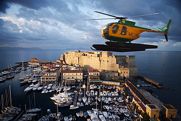 Santa Lucia and Coast Guard helicopter at dawn, Naples, Campania, Italy, Europe