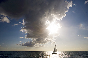 Yacht sailing in bay of Naples, Naples, Italy, Europe