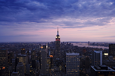 Manhattan skyline at dusk, New York City, New York, United States of America, North America