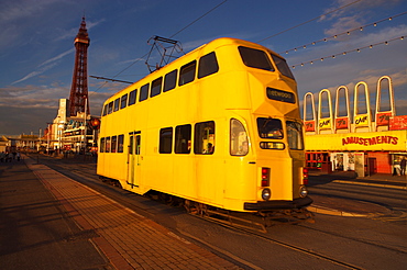 Double decker tram and Blackpool tower, Blackpool Lancashire, England, United Kingdom, Europe