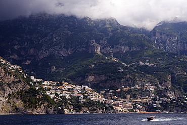 Amalfi and motor launch from the Mediterranean, Campania, Italy, Europe