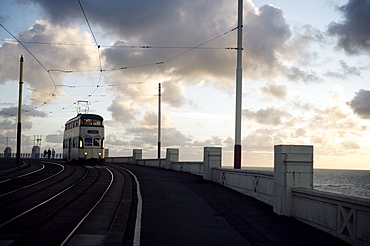 Blackpool Tram at dusk, Blackpool, Lancashire, England, United Kingdom, Europe