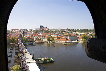 The Charles Bridge over the Vltava River and panorama of the historical centre and the Cathedral, Prague, Czech Republic, Europe