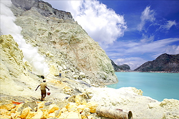 Lake in the crater of the Kawa Ijan volcano where a sulphur mine constantly smokes, Baluran National Park, Java, Indonesia, Southeast Asia, Asia