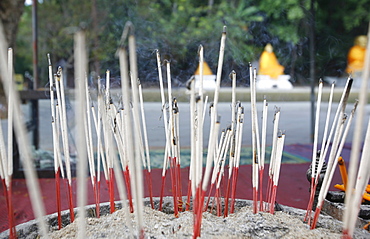 Incense burning in a stone ash tray, temple of Doi Tung, Golden Triangle, Thailand, Southeast Asia, Asia