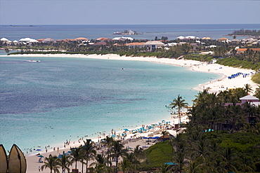 View over the main beach of Atlantis Complex on Paradise Island, Bahamas, West Indies, Caribbean, Central America