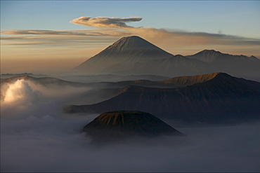 View at dawn over the Bromo and Semeru volcanoes, in the Tennger caldera, Java, Indonesia, Southeast Asia, Asia