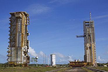 In the space center of Kuru, a rocket booster of the third system Ariane, French Guiana, South America