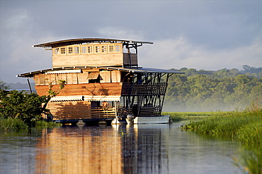 View of the floating lodge of the marsh, the everglade area of Kaw, French Guiana, South America