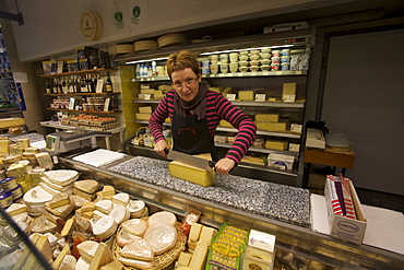 A cheese shop at the market of Besancon, Doubs, Franche-Comte, France, Europe