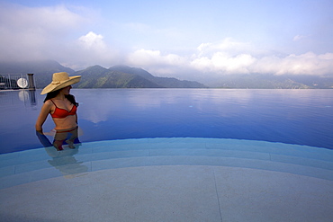 View of the Amalfi Coast from the swimming pool of the Caruso Hotel, Ravello, Campania, Italy, Europe