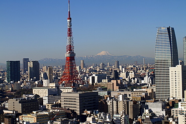 Tokyo tower, city skyline and Mount Fuji beyond, Tokyo, Japan, Asia