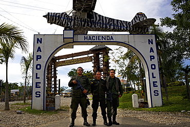 Colombian Police forces in front of the ex-entrance of Ranch Napoles, property of Pablo Escobar, Medellin, Colombia, South America