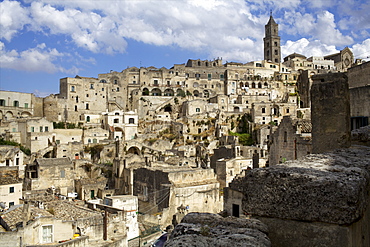 View of the Duomo and the Sassi of Matera, from the cliffside, Basilicata, Italy, Europe