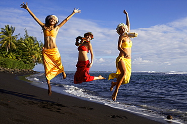 Marine and friends during shooting on the west coast beach of Tahiti, where she lives, in Punauia, Society Islands, French Polynesia, Pacific Islands, Pacific