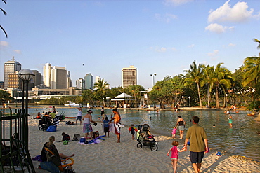 The artificial beach of Southbanks in the center of Brisbane, along the Brisbane River, Queensland, Australia, Pacific