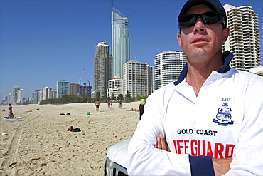 A lifeguard on the Gold Coast in the city of Surfers Paradise, Queensland, Australia, Pacific