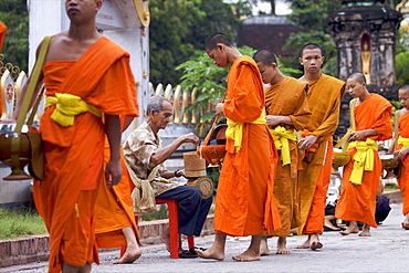 Monks during the dawn procession for food in the streets in Luang Prabang, Laos, Indochina, Southeast Asia, Asia